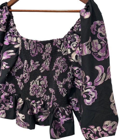 Tanya Taylor Smocked Peplum Top Square Neck Long Sleeve Large Whimsygoth Silk - Picture 4 of 10